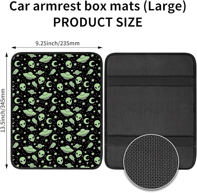 Car Center Console Cover, Universal Soft Large Neoprene Auto Armrest Seat Box Cover, Funny Car Decor Accessories Fit for Most Cars, Vehicles, SUVs Green Aliens Spaceships