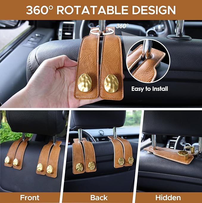URIZZD 4 PCS Leather Car Seat Hooks for Headrest, Vehicle Hanger Storage Organizer Universal for Handbag Purse, Car Accessories Gift (Brown-Gold-4 PCS)