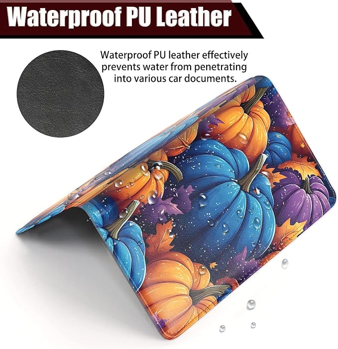 Car Registration Holder, PU Leather Vehicle Glove Box Organizer for Driver License, Document, Car Insurance Holder with Magnetic Shut, Auto Paperwork Wallet Case Accessories, Colorful Pumpkins Fall