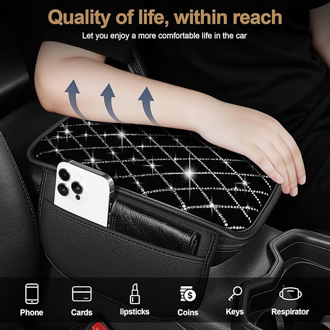 YORKNEIC Console Cover Fit for Model S Bling Car Center Console Cover: Crystal Rhinestone Car Armrest Cushion Diamond Middle Console Cover