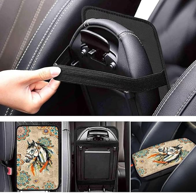 Horse Print Armrest Cover Pad for Car Boho Mandala Flower Print Car Center Console Cushion Pad Universal Auto Decor for Truck Sedan SUV