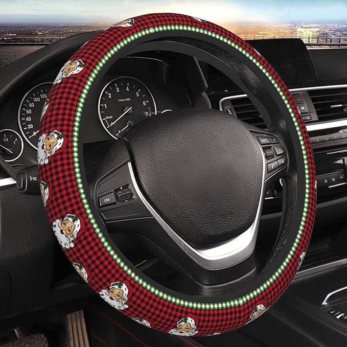 Christmas Steering Wheel Cover Women Men Elastic Stretch Soft Car Santa Wheel Protector Universal Breathable No-Slip Car Accessories for Truck Van SUV Auto Fit 14-15 Inches
