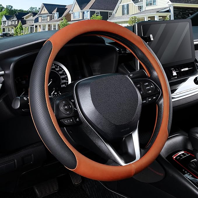 SEG Direct Steering Wheel Cover for 14.5-15 inch Wheels, Breathable PU Leather with Perforated Sides, Anti-Slip Grip, Universal Fit for Cars & SUVs, Black and Orange