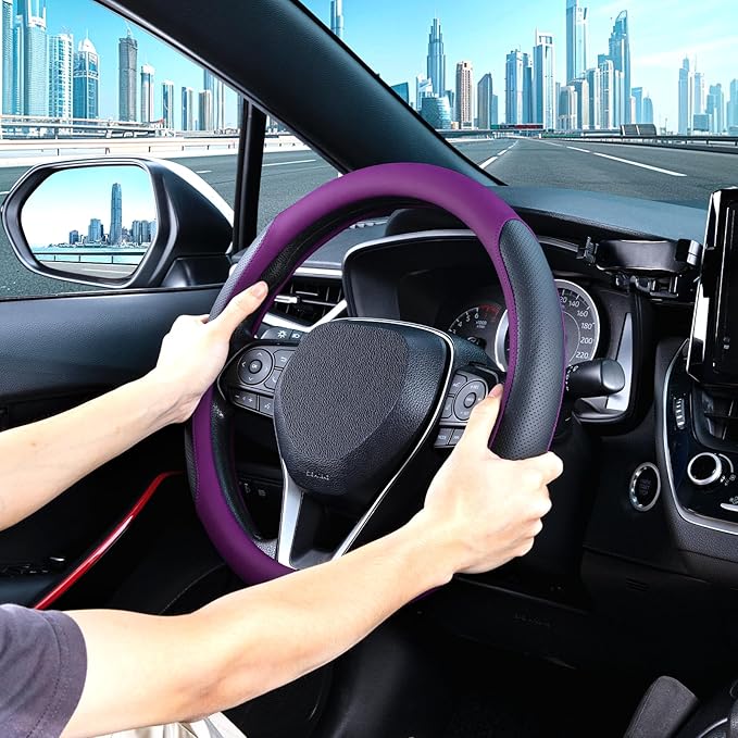 SEG Direct Steering Wheel Cover for 14.5-15 inch Wheels, Breathable PU Leather with Perforated Sides, Anti-Slip Grip, Universal Fit for Cars & SUVs, Black and Dawn Purple