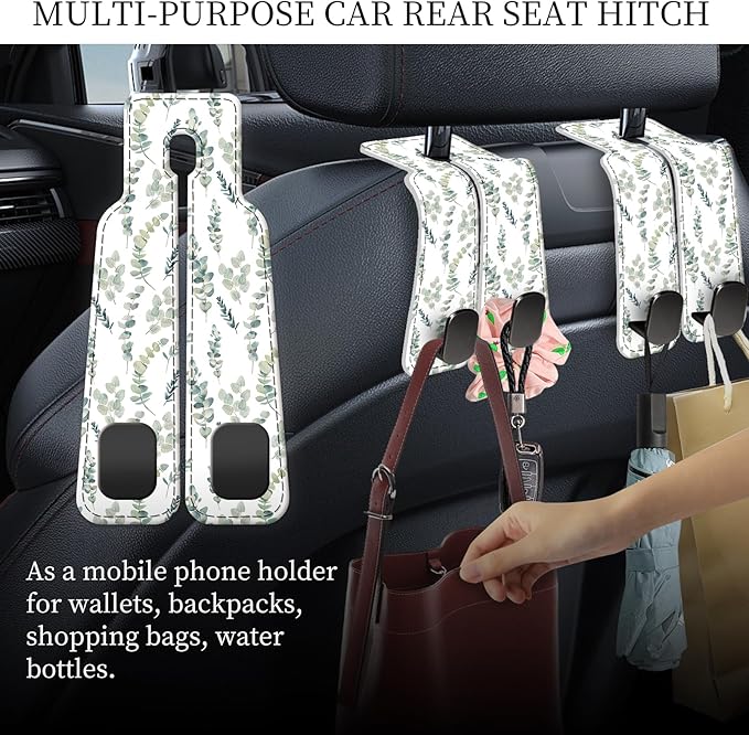 AXRQLSU PU Leather Car Seat Hook, Storage Headrest Hanger, Cute Car Backseat Organizer, Car Hooks for Purses and Bags White Leaves