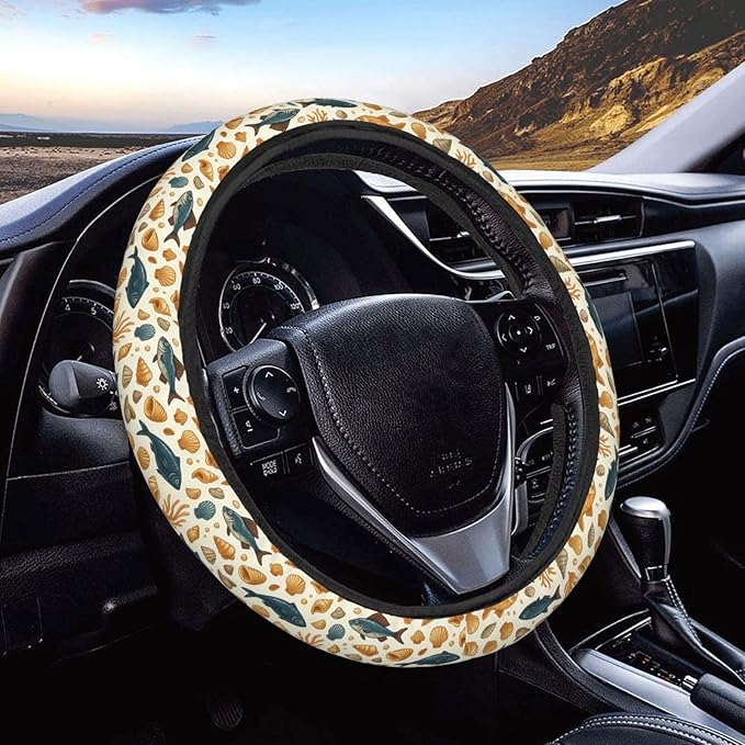 FeHuew Vintage Fish Gold Shells Steering Wheel Cover for Women, Girls 15 inch Universal Auto Car Anti Slip Wrap Steering Wheel Covers Fit for Vehicles, Truck, SUV