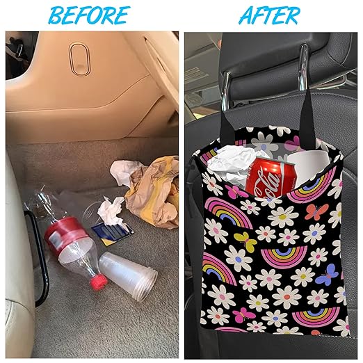 ghatobty Car Trash Bag Daisy Rainbow Butterfly Car Garbage Bag Hanging Car Trash Can for Back Seat with Drawstring, Waterproof Garbage Bags for Car Accessories Vehicle Travelling Camping Outdoor