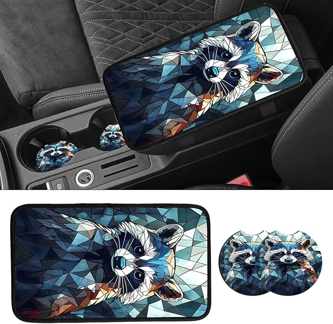 JANENFNA Car Armrest Cover Pads Universal Fashion Cute Auto Center Console Armrest Cover Pad with 2PCS Car Coasters Soft Waterproof Car Armrest Seat Protector for Women,Colored Glass Raccoon