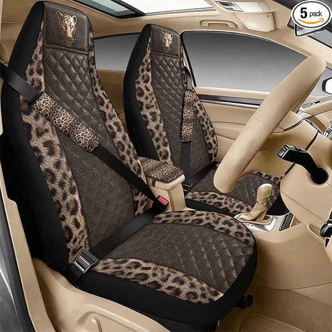 Psesaysky 5 Pcs Car Interior Set Leopard Cheetah Print Auto Front Seat Cover Soft Seatbelt Covers Center Console Armrest Pad Universal Car Accessories Fit Car SUV Auto Truck