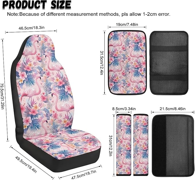 Qeluxign Car Seat Covers Full Set Universal Fit Flamingo Tropical Floral Auto Front Seat Covers and Seatbelt Pads Armrest Cushion Gifts for Women Protect Your Car Interior