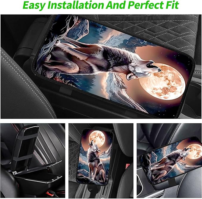 JANENFNA Car Armrest Cover Pads Universal Fashion Cute Auto Center Console Armrest Cover Pad with 2PCS Car Coasters Soft Waterproof Car Armrest Seat Protector for Women,Wolf Moon Howl-A