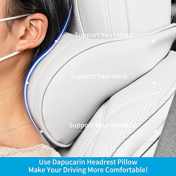 Dapucarin Car Headrest Memory Foam Neck Pillow for Driving with Leather Cover Soft Comfortable Seat Head Pillow Cushion for Most Cars SUV Sedan Home Office Off-White (Beige) (1PC)