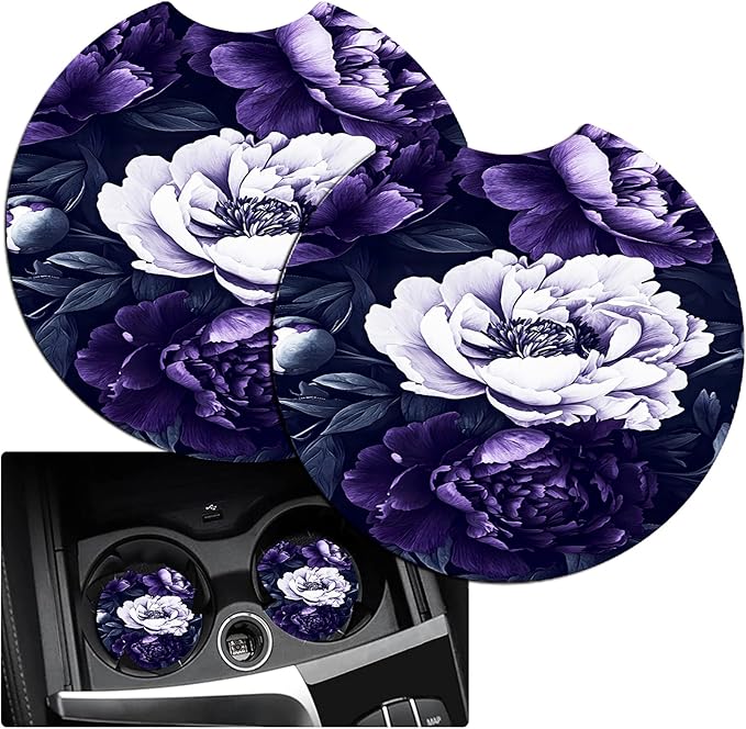 JANENFNA Car Armrest Cover Pads Universal Fashion Cute Auto Center Console Armrest Cover Pad with 2PCS Car Coasters Soft Waterproof Car Armrest Seat Protector for Women,Purple Peonies