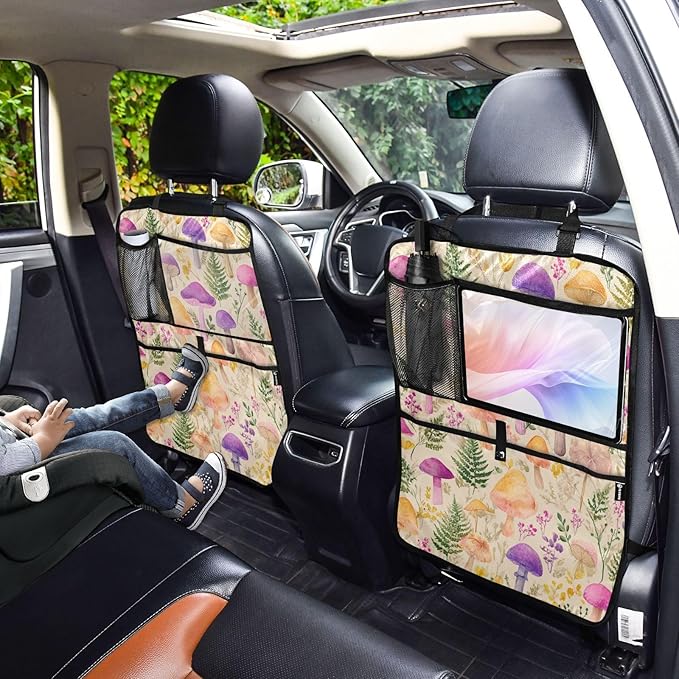 2 Pack Back Seat Car Organizer with Storage Pockets Kick Mats Back Seat Protector Hanging Car Organizer Automotive Seat Back Cover Organizers Mushroom Colorful Pattern