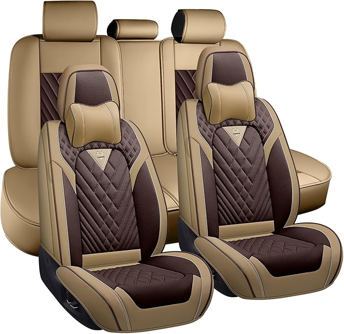 for Kia Sportage Car Seat Covers Full Set,Leather Seat Covers for Car,Lumbar Muscle Pain Healing Function,Waterproof Automobile Seat Protector with Lumbar Support(Ivory Coffee with Pillow)