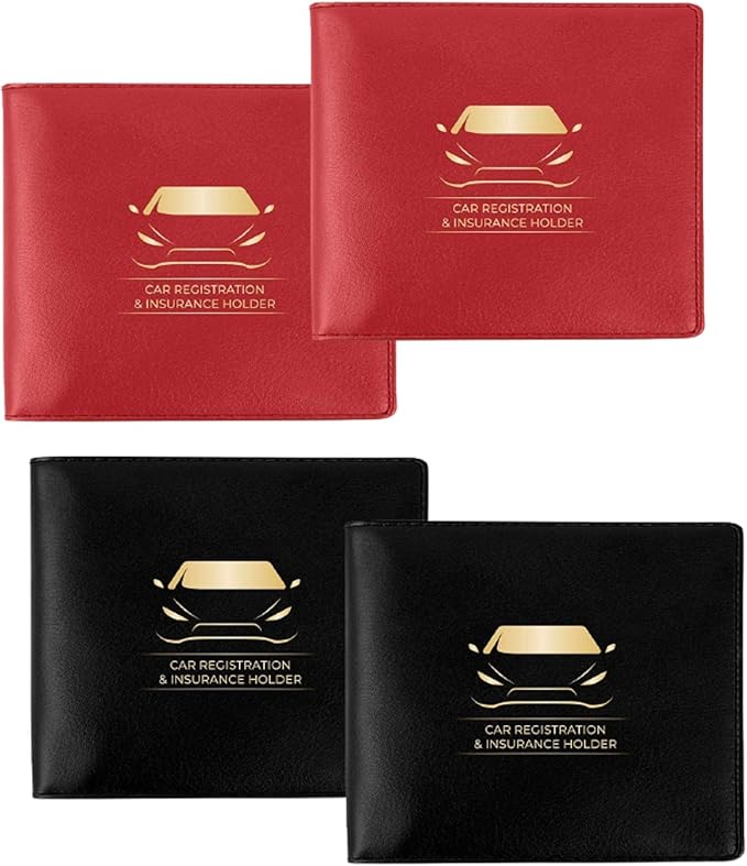Performore Car Document Holder Wallets – Premium Organizer for Insurance and Registration Papers, 2 Clear Pockets with Strong Double-Sided Closure, Suitable for All Vehicles (4-Pack: 2 Black, 2 Red)