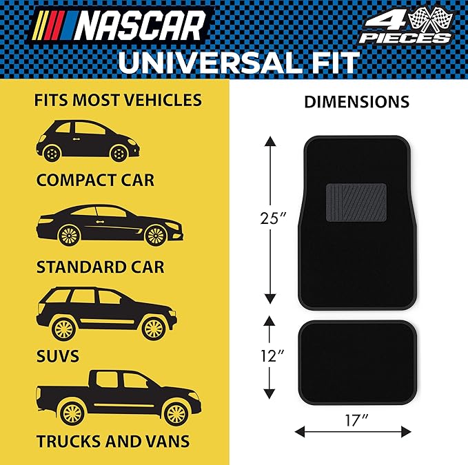 NASCAR Carpet Car Mats | 4-Piece Car Mats Full Set | Universal Fit for Cars, Trucks & SUVs | All-Weather Protection Shielding from Spills & Stains | Automotive Floor Mats w/Heel Pad | Car Rug, Black