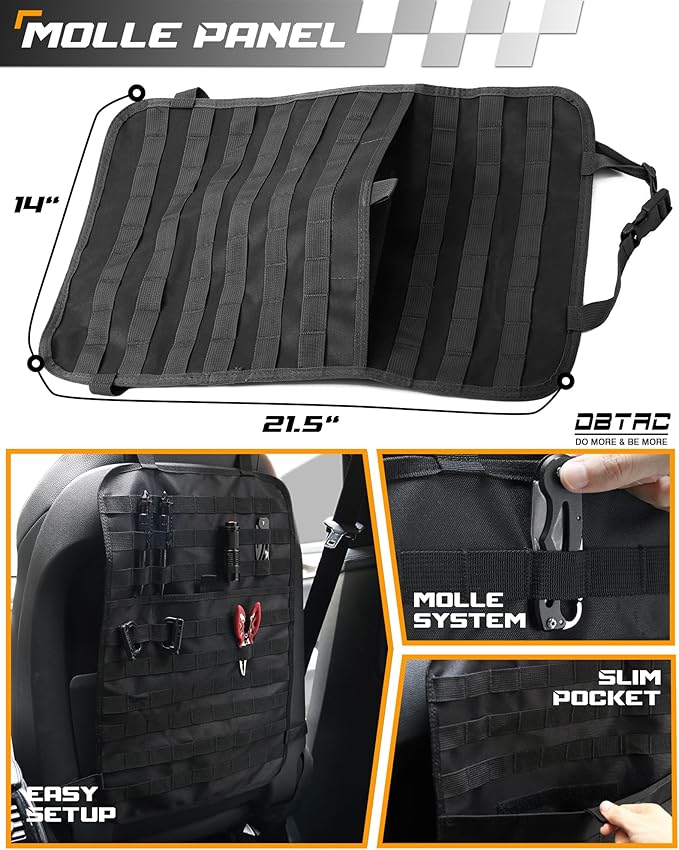 DBTAC Tactical Molle Car Seat Organizer | Vehicle Back Panel with 5X Detachable Pouches, US Flag & Writable Reflective Patch for Cars, Trucks, SUVs, Sedans