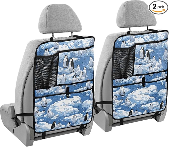 2 Pack Back Seat Car Organizer with Storage Pockets Kick Mats Back Seat Protector Hanging Car Organizer Automotive Seat Back Cover Organizers Blue Penguins Ice Flowers Snow