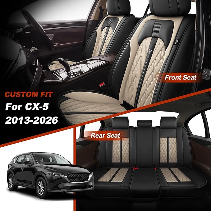 TTX LIGHTING Seat Covers Fit for Mazda CX5/CX-5 2013-2026 Seat Covers Full Set Car Seat Covers Faux Leather Breathable Waterproof Car Seat Protector (5 Seats, Black&Beige)