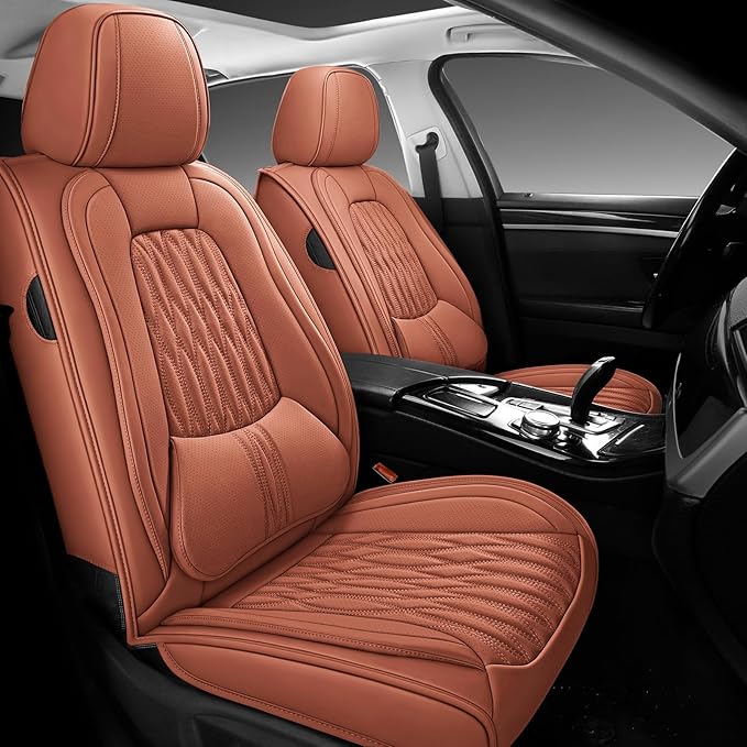WELLDO Car Seat Covers Full Set, Premium Nappa Leather Seat Covers for Car, Waterproof Car Seat Protector with Lumbar Support, Automotive Seat Covers Universal Fit for Most Cars SUV Truck, Brown