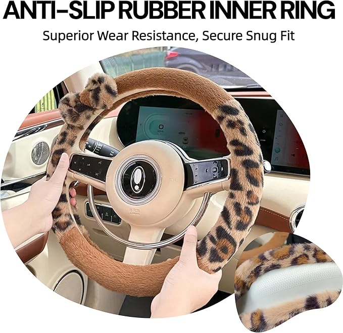 Car Steering Wheel Cover with Leopard Print & Cute Bowknot Soft Anti-Slip Y2K Retro Luxury Fluffy Fur Car Interior Accessory (Brown)