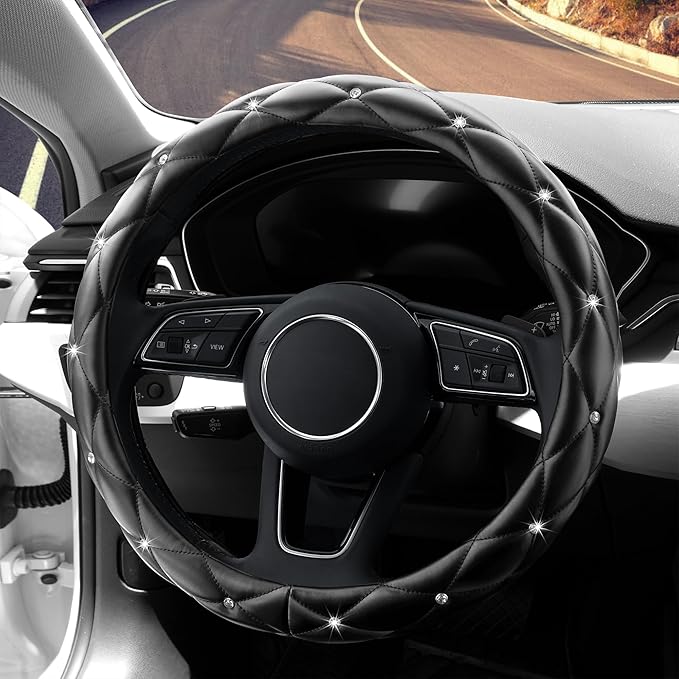 YOGURTCK Diamond Soft Leather Anti-Slip Steering Wheel Cover with Bling Bling Crystal Rhinestones, Universal 15 Inch for Women Girls, Fit Vehicles, Sedans, SUVs, Vans, Trucks - Black