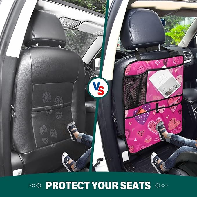 1 Pack Back Seat Car Organizer with Storage Pockets Kick Mats Back Seat Protector Hanging Car Organizer Automotive Seat Back Cover Organizers Hot Pink Doodle Hearts Stars
