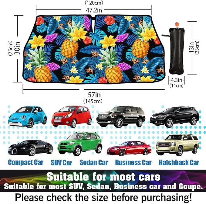 DOPINDU Hawaiian Pineapple Car Windshield Sun Shade Umbrella Bendable Handle Foldable Funny Sunshade for Car Windshield Block UV Rays Keep Vehicle Cool for Most Sedans SUV Trucks Cars 57"x30"