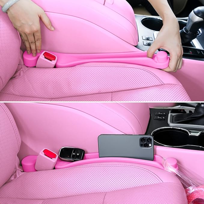 Car Seat Gap Filler Set of 2, Soft Foam Multifunctional Seat Side Gap Filler with Organizer & Hook Function, 3in1 Gap Stopper Universal Fit Car SUV Truck Fill The Gap Between Seat & Console（Pink）