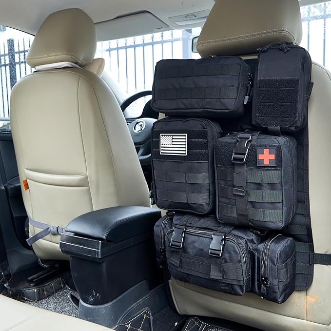 Universal Tactical Car Seat Back Organizer Bag Tactical Molle Vehicle Organizers Panel Gear Accessories with 5 Different Size Molle Pouches for Car Truck Ford Jeep Vehicle (A style-Black)