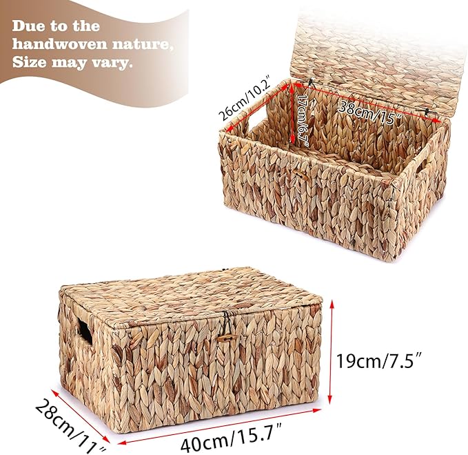 Hipiwe Wicker Storage Bins with Lid, X-Large Handwoven Water Hyacinth Wicker Baskets Rectangular Decorative Shelf Baskets Bin Built-in Handles Household Basket Boxes for Shelf Home Organizing