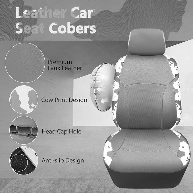 CAR PASS Cow Print Faux Leather Car Seat Covers & Cow Car Mats & Cow Steering Wheel Cover Seat Belt Pads Universal fit for SUV,Van,Saden,Truck Cute Car Accessories Automobile Interior Sets All Gray