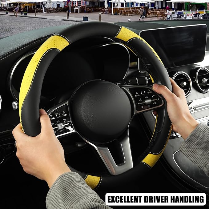 Binsheo Microfiber Leather Steering Wheel Cover, Breathable, Anti Slip, 13.5 inch to 14 inch, Black with Yellow