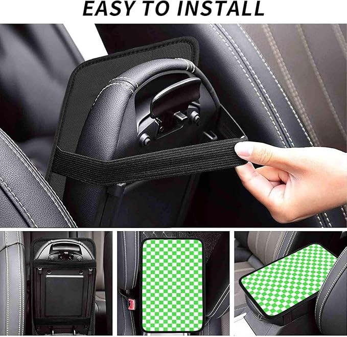 Green White Checkered Chessboard Flag Car Armrest Pad Cute Cars Center Console Cover Auto Handrail Box Cushion Armrests Cover