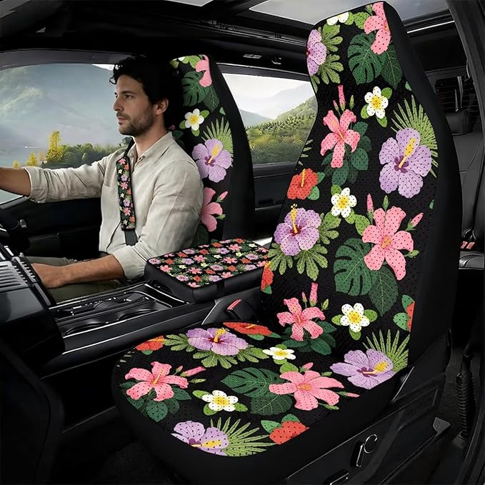 Qeluxign Automotive Seat Covers 5 Piece Universal Car Accessories with Soft 2 Pack Seat Belt Cover Pads and Center Console Armrest Covers for SUV Truck Interior Set,Tropical Hibiscus Floral