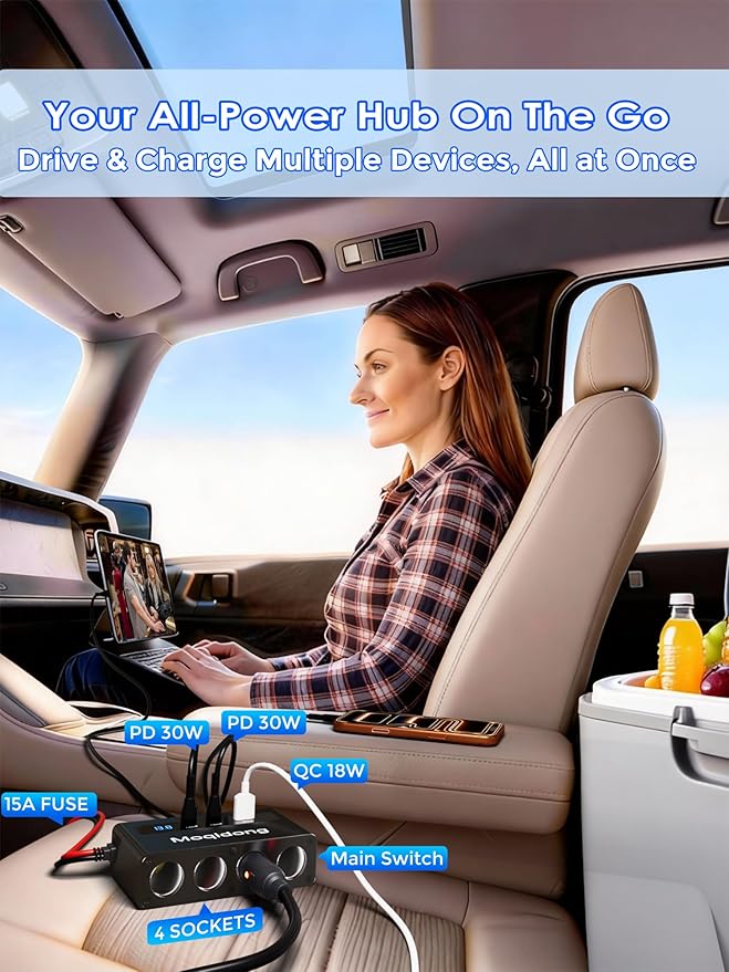12V 24V Cigaretter Lighter Splitter: 360W USB Car Charger 4 Cigarette Lighter Socket 3 Multi Port Outlet Adapter, 12 Volt Power Supply Car Plug Outlet Battery Adapter with LED Display Master Switch