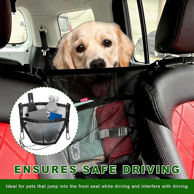 Car Purse Holder, Seat Back Net Storage Bag Between Front Seats for Easy Access, Portable Car Interior Organizer Pocket Hanging Cars Barrier Protect Dogs and Kids