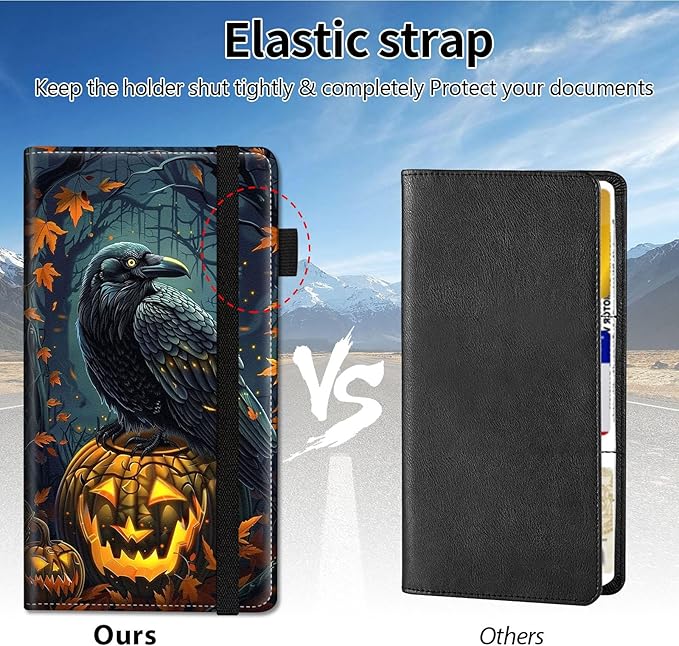Qindaiwen Car Registration and Insurance Holder, Vehicle Card Document Elastic Band Closure Glove Box Organizer, Driver License Cards, Car Accessories for Essential Info, Black Raven 02