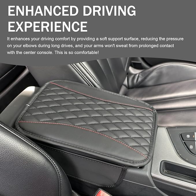 Car Center Console Cover, Patchwork Leather Armrest Cover Cushion with 2 Storage Bag, Waterproof Comfortable Auto Arm Rest Pad, Universal Center Console Protector for Sedan, SUV (Black)