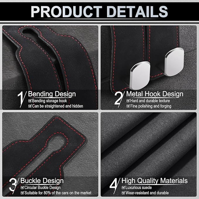LivTee Car Hook, 2-Pack Leather & Iron Headrest Mount Hangers for Bags, Coats & Phones (Black)