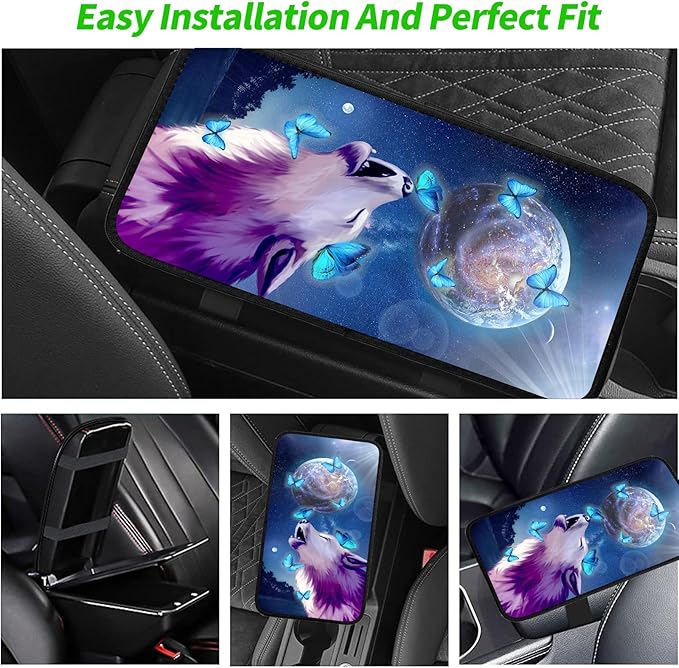JANENFNA Car Armrest Cover Pads Universal Fashion Cute Auto Center Console Armrest Cover Pad with 2PCS Car Coasters Soft Waterproof Car Armrest Seat Protector for Women,Growling Wolf Butterfly
