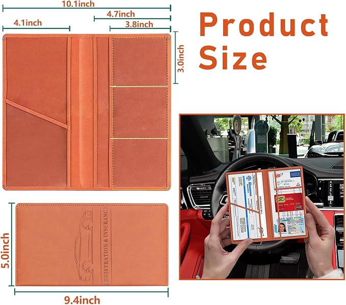 Kewucn Car Registration and Insurance Card Holder, Leather Auto License Document Glove Box Compartment Organizer, Essentials Vehicle Wallet Case for Driver License, ID Card (Brown)
