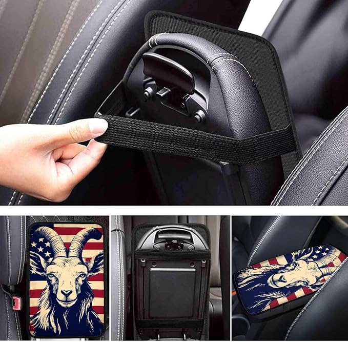 Car Center Console Pad, Universal Waterproof Car Armrest Seat Box Cover, Car Interior Accessories for Most Vehicle SUV Truck Vintage American Flag Goat Car Armrest Pad