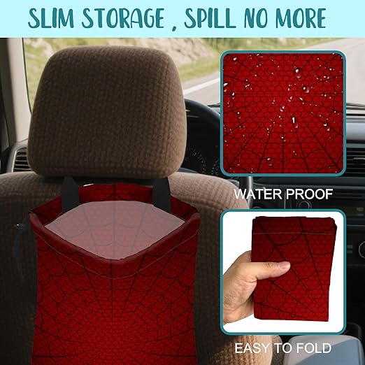 KXWQTRDD Car Garbage Bag Red Spider Web Drawstring Car Trash Bag Hanging for Back Seat with Adjustable Buckle Canvas Vehicle Trash Can Easy-to-Install