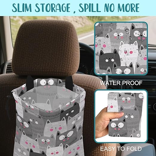 KXWQTRDD Car Garbage Bag Cute Grey Cats Drawstring Car Trash Bag Hanging for Back Seat with Adjustable Buckle Canvas Vehicle Trash Can Easy-to-Install
