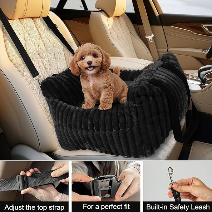 HOMLOVE Dog Car Booster Seat, for Small Dogs Under 30 lbs, Detachable Washable Travel Bed with Storage Pockets and Safety Belt (Black, Medium)