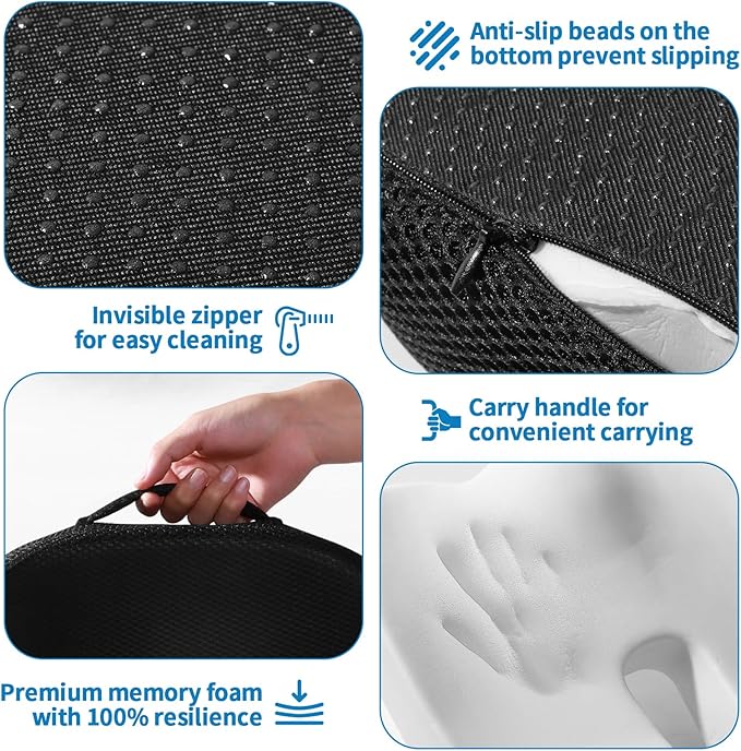 Mesh Car Seat Cushion, Memory Foam Cushion for Office Chairs, Cars, Desk, Gaming & Wheelchair, Ergonomic Cushions Pad for Tailbone Pain Relief Sciatica & Back Support,Non Slip, Black