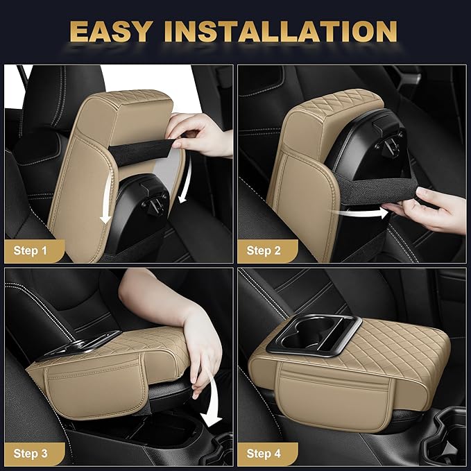 Center Console Cover for Clarity: Armrest Cover for Car with 2 Storage Bags - Waterproof Leather Center Console Cover with Cup Holder for Car,Anti-Scratch Auto Armrest Pad Accessory （Beige