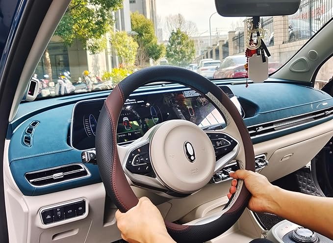 Universal Car Microfiber Leather Steering Wheel Cover Anti-Slip for 14.5"-15" (Black-Brown)